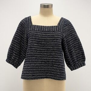 Current Air Top Womens XS Black Square‎ Neck Top Textured Balloon Sleeve Blouse